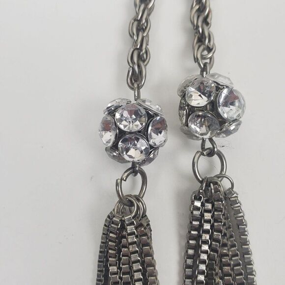 Vintage Silver Tone Rope Chain Box Tassel Round Clear Ball Lariat Opera Necklace - Picture 6 of 11